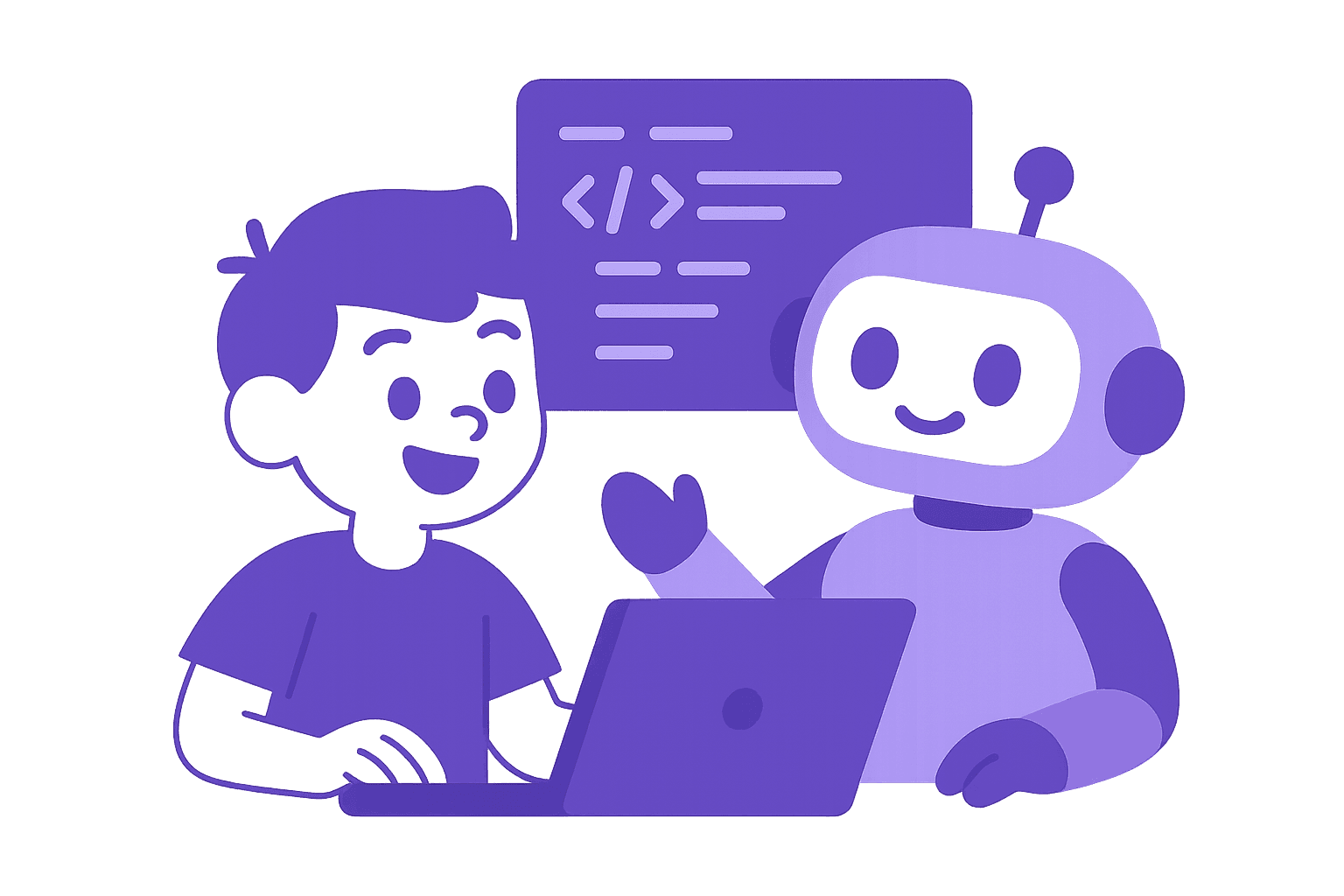 Kid and AI robot building code together