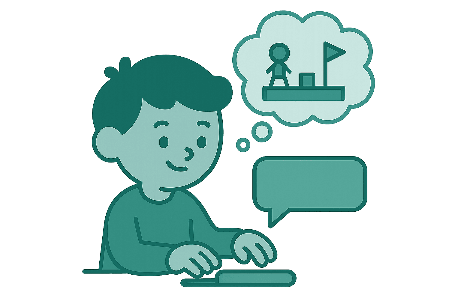 Kid typing an idea with a thought bubble above